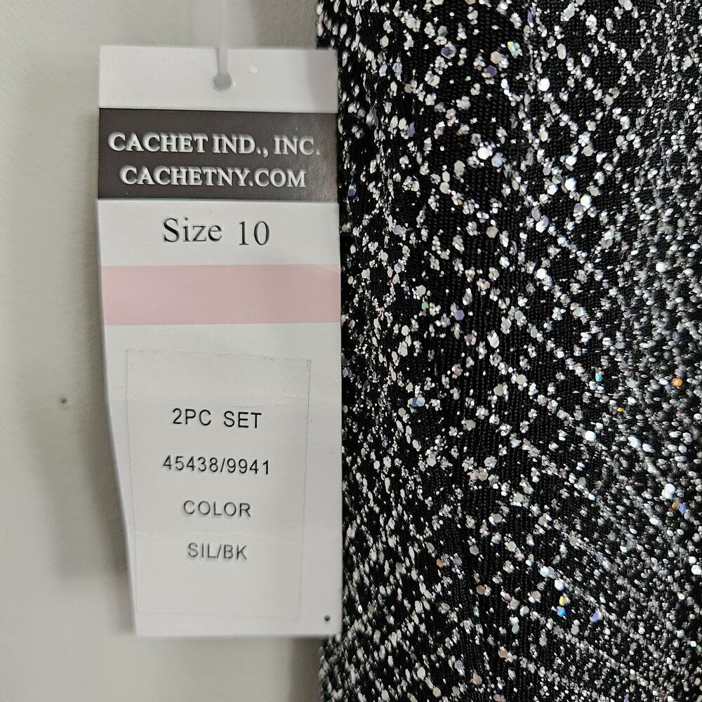 NWT CACHET 2 Pc Silver & Black Sz 10 Evening Gown Beaded Sequin Top & Jacket - Picture 8 of 12